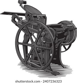 Woodcut illustration of a letterpress printing press.