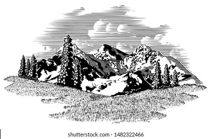 Woodcut illustration mountain scene with an elk in the background.