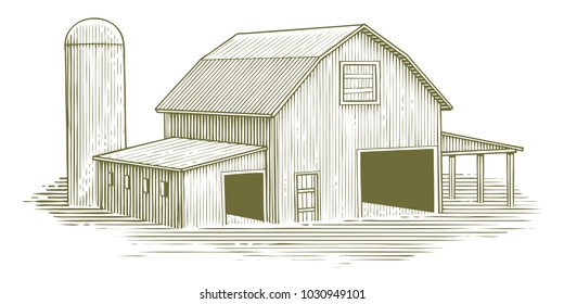 Woodcut illustration of an old barn.