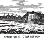 Woodcut illustration of an old grist mill.