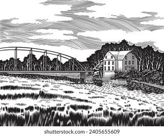 Woodcut illustration of an old grist mill.