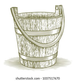 Woodcut illustration of an old wooden bucket.