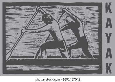 A woodcut illustration of a pair of vintage kayakers paddling along the River Thames near Windsor, UK. The title on the right reads Kayak which is the type of vessel in operation