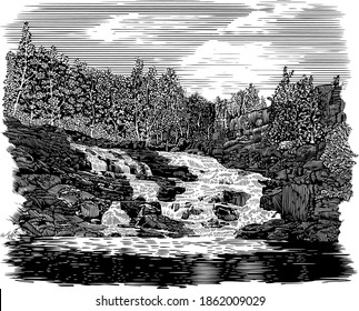 Woodcut illustration of Rocky Falls near Eminence Missouri.