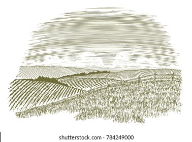 Woodcut illustration of a rural countryside scene with fields of crops in the background.