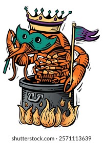 Woodcut illustration showing crawfish being cooked for Mardi Gras celebration