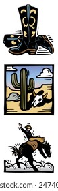 Woodcut illustration of Western USA, cowboy boots, rodeo horse and a cactus in a desert landscape