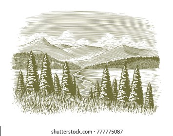 Holzschnitt-Illustration einer Wildnis-Szene mit einem Bach und Bergen im Hintergrund.