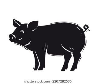 Woodcut pig icon. Black silhouette of animal on farm. Graphic element for printing on fabric. Sticker for social networks and messengers. Logotype and brand. Cartoon flat vector illustration