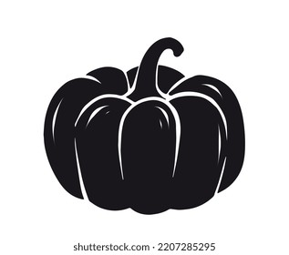 Woodcut Pumpkin Icon. Natural And Organic Product. Vegetarian Diet, Health Care. Harvest, Agriculture And Farming. Logo And Silhouette, Brand. Social Media Sticker. Cartoon Flat Vector Illustration