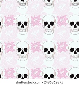 Woodcut Skulls And Roses Seamless Vector Pattern Design
