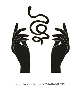 Woodcut snake and black hand isolated white background. Lino style Celestial 2025 Chinese Zodiac symbol. Editable stroke. EPS 10 vector for t-shirt print.