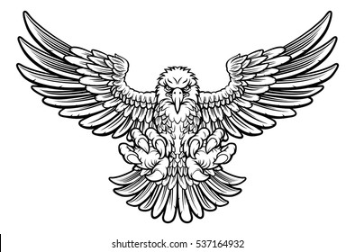 Woodcut style American bald eagle mascot swooping with talon claws forward and wings spread