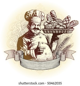 woodcut style baker and bread in an ornate frame with scroll ready for your label design.