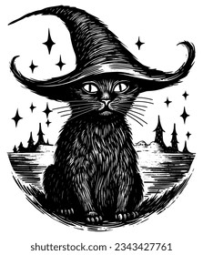 Woodcut style black   white illustration cat wearing witches hat 