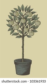 Woodcut Style Decorative Apple Tree In Plant Pot On Tan Background.