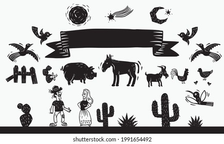 Woodcut Style. Farm animals, cactus and typical elements from the Northeast of Brazil.