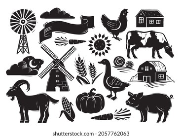 Woodcut style farm set with country elements on white background. Farm animals, vegetables and other essential typical elements from the country farming life. Flat cartoon vector illustration