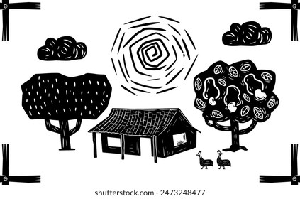 Woodcut style farm. Tree, house, scorching sun.