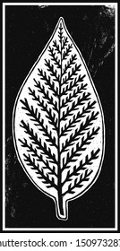 Woodcut style illustration, with autumn leaves or stylized tree. 