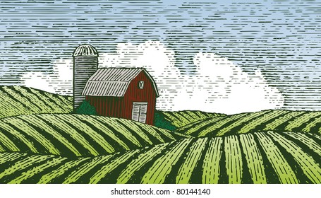 Woodcut style illustration of a barn in a rural farm scene.