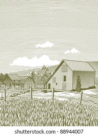 Woodcut style illustration of a barn scene.