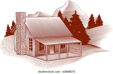 Woodcut style illustration of a cabin in the mountains