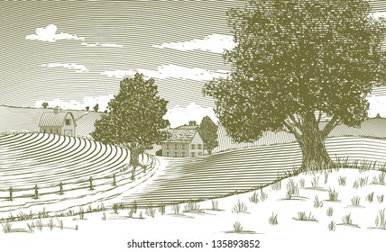 Woodcut Style Illustration Of A Country Scene.