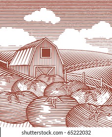 Woodcut style illustration of a farm garden scene.