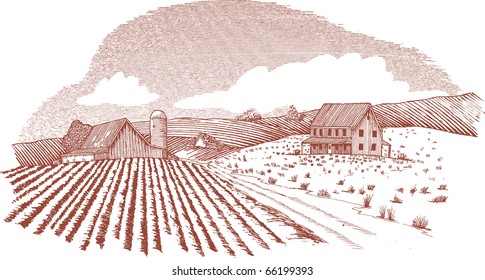 Woodcut style illustration of a farm landscape.