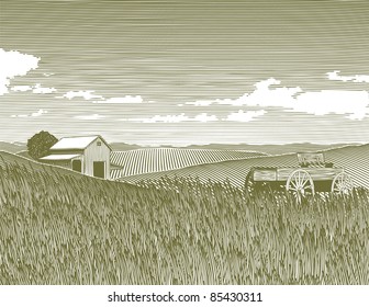 Woodcut style illustration of a farm landscape.