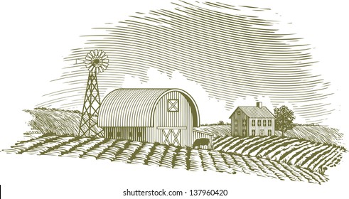 Woodcut style illustration of a farm scene with a windmill.