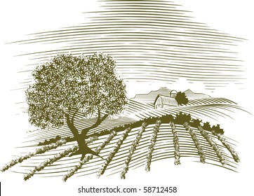 Woodcut Style Illustration Of A Farm Scene With A Barn In The Background.