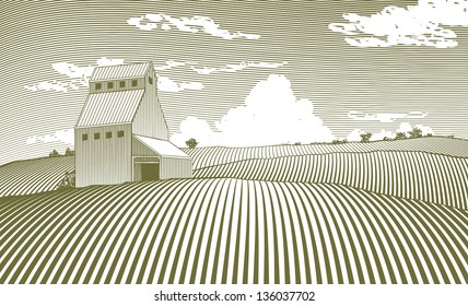 Woodcut style illustration of a grain elevator.