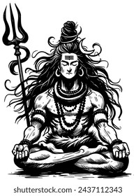 Woodcut style illustration of Hindu god Shiva on white background.