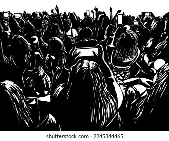 Ilustración de estilo Woodcut de una gran multitud de jóvenes con celular o teléfono celular en un festival de la fiesta de conciertos en vivo con fondo blanco sobre negro hecho al estilo de un esténcil retro.