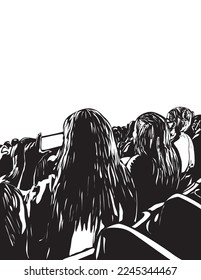 Woodcut style illustration of a large crowd of young people with cellphone or mobile phone at a live concert music event party festival white on black background done in retro stencil style portrait.