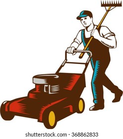 Woodcut style illustration of male gardener with lawn mower mowing and holding rake on shoulder set on isolated white background. 