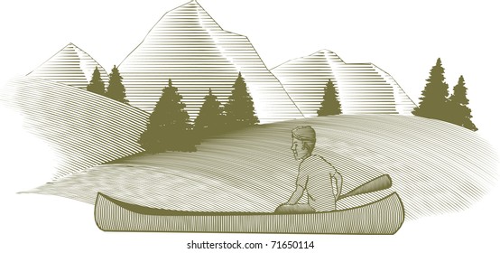 Woodcut style illustration of a man canoeing with mountains in the background.