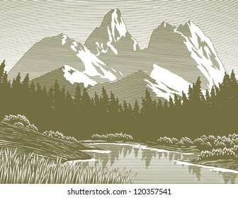 Woodcut style illustration of a mountain lake.