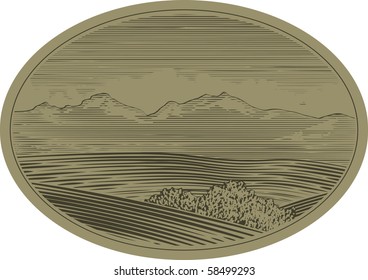 Woodcut style illustration of a mountain landscape scene.