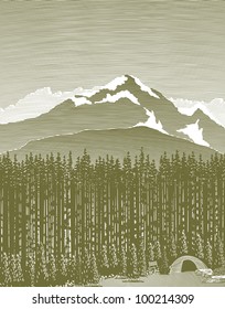 Woodcut style illustration of a mountain scene with a tent camp site in the foreground.