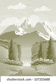Woodcut style illustration of a mountain stream and waterfall.