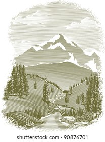 Woodcut style illustration of a mountain stream landscape scene.