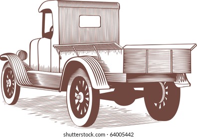 Woodcut Style Illustration Of An Old Farm Truck.