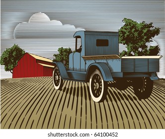 Woodcut style illustration of an old truck with a farm background.  Note: the colored background is on a separate layer and is removeable.