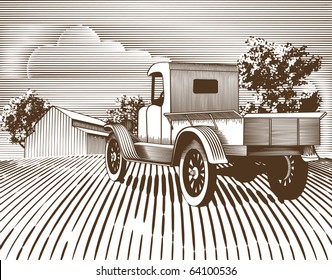 Woodcut style illustration of an old truck with a farm background.