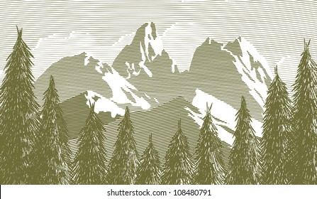 Woodcut style illustration of an opening in the trees with a mountain in the background.