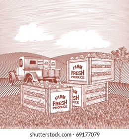 Woodcut Style Illustration Of A Pick Up Truck With Crates Of Produce.