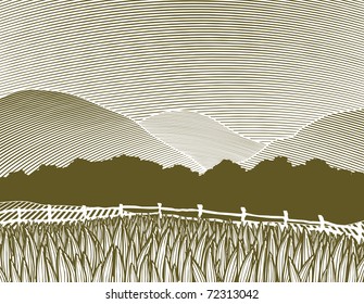 Woodcut Style Illustration Of A Rural Country Scene With Mountains In The Background.